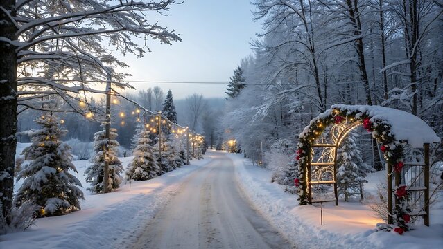 Snowy road lined with decorated trees and archway with lights creating a winter wonderland scene