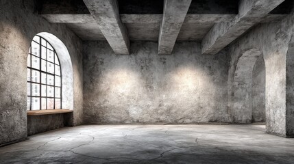 Obraz premium Grungy Concrete Interior with Arched Window and Beams, Ideal for Studio, Loft or Industrial Backdrop