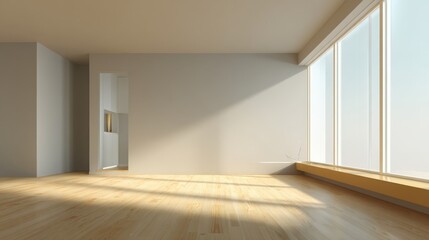 Obraz premium Empty Modern Room with Wooden Floor and Large Window, Ideal for Interior Design Mockups and Renovations