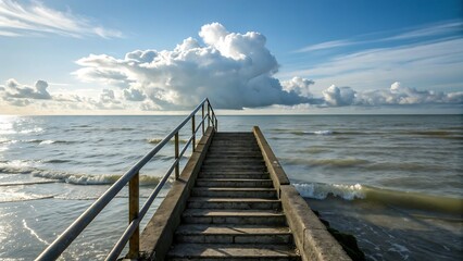 Fototapeta premium A concrete staircase leading to the ocean with a cloudy sky on a bright sunny day landscape view