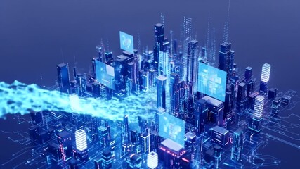 A glowing cityscape with digital displays and electrical circuits. Buildings light up in a futuristic style, with data flow. A digital illustration with a blue palette - Powered by Adobe