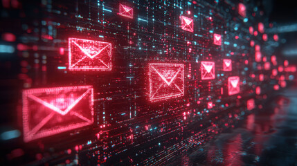 Digital email icons illuminate futuristic background, showcasing vibrant technology