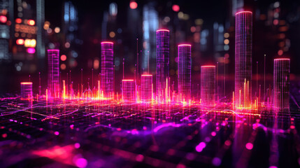 Glowing bar chart showing increase in revenue with vibrant colors and digital elements