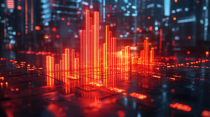 Glowing bar chart displays increase in revenue, set against futuristic cityscape
