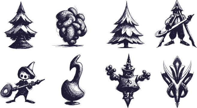 Hand drawn fantasy character and tree sketch collection, black ink doodle art, creative abstract illustration, magical concept design elements