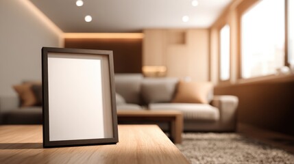 Obraz premium Modern Living Room Interior with Blank Picture Frame on Wooden Table for Mockup Display