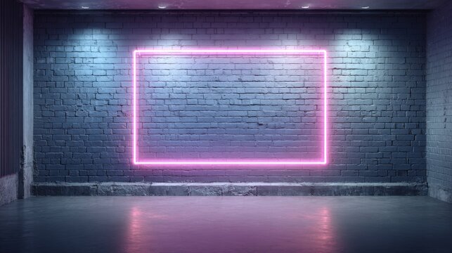 Neon Rectangle Sign on Brick Wall in Dark Room for Product Display or Advertisement