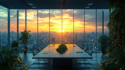 Modern office meeting room with large table, surrounded by plants, overlooking city skyline
