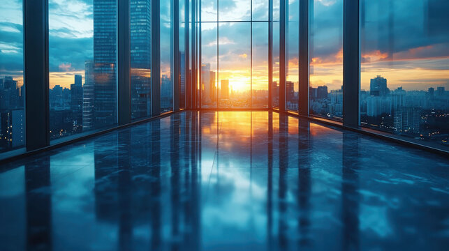 Stunning sunset view from modern office building, showcasing city skyline reflections
