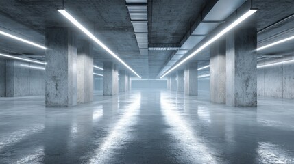 Modern Concrete Hallway with Reflective Floor and Luminescent Lighting for Architecture and Interior Design