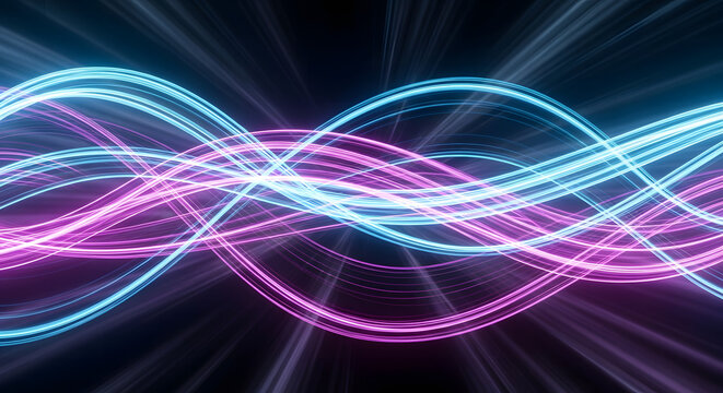 Abstract Waveform Dynamic Blue and Purple Light Trails on Black Background