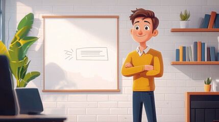 Cheerful cartoon character stands confidently in modern office, ready to present ideas