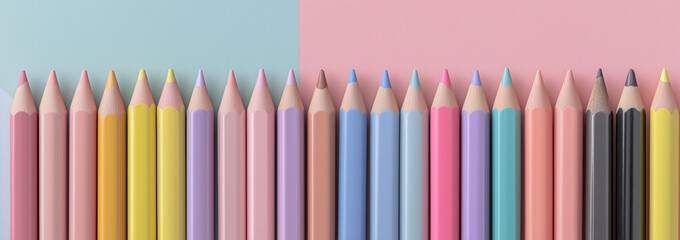 Row of Sharpened Pastel Colored Pencils on a Two-tone Background