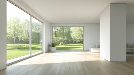 Fototapeta premium Bright and Minimalist Living Room Interior with Large Windows Overlooking a Lush Green Garden