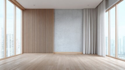 Obraz premium Modern Empty Room Interior with Large Windows, Wooden Floor, and Neutral Color Palette for Staging