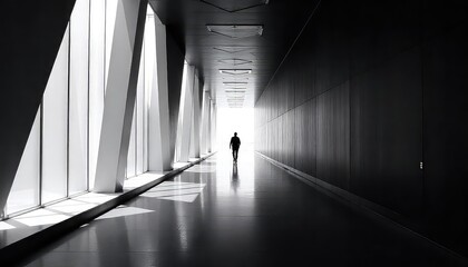 Silhouette of a person walking towards bright light at the end of a long corridor in grayscale