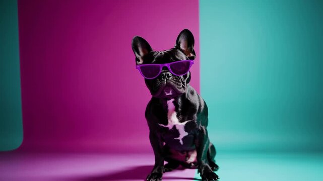 French Bulldog in cool sunglasses poses on vibrant blue background during a playful photo shoot