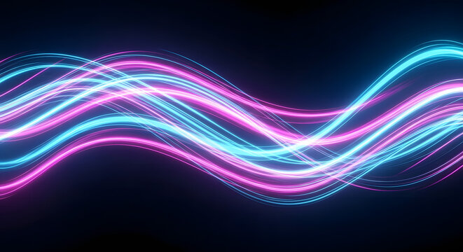 A vibrant stream of intertwined blue and pink neon light trails flowing like waves, creating an abstract futuristic background of energy and motion