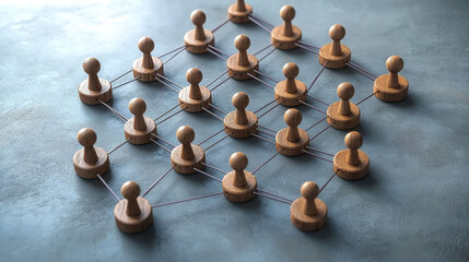 Wooden figures connected by strings network formation, symbolizing collaboration and connection