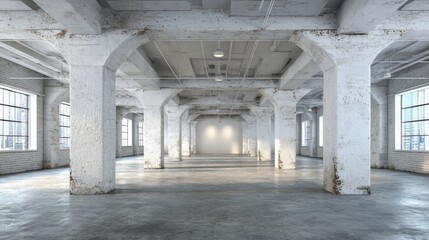 Fototapeta premium Expansive Industrial Interior with Concrete Columns and Natural Light, Ideal for Loft Conversion or Commercial Space