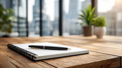 Workspace with Blank Notepad and Pen on Wooden Desk Overlooking Cityscape, Ideal for Mockup and Branding