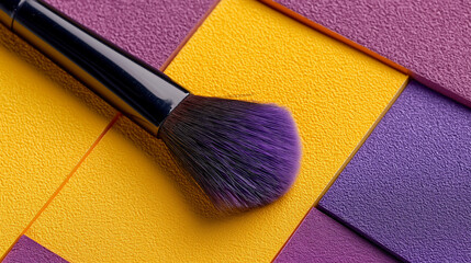 Close-up of Purple Makeup Brush on Textured Yellow and Violet Background