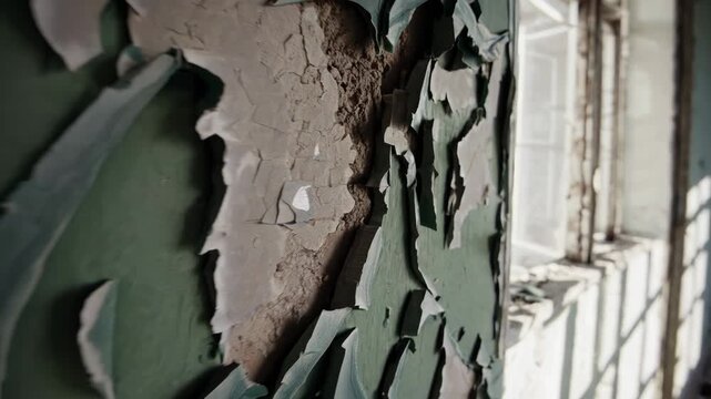 Abandoned room with peeling paint and wooden floor in an old building during daylight