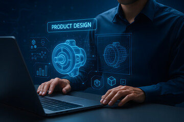 Businessman using futuristic augmented reality product design interface with holographic 3D model and digital blueprint