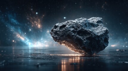 Dramatic Asteroid Floating Above Reflective Surface Against Starry Sky Backdrop, Symbolizing Cosmic Wonder and Scientific Discovery
