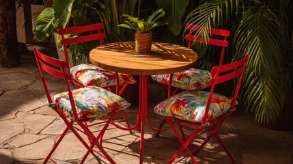 Outdoor Bistro Set with Red Metal Chairs and Tropical Cushions in Lush Garden Setting