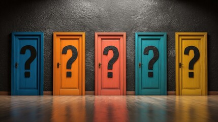 Conceptual Choices: A Row of Doors Marked with Question Marks, Representing Options and Uncertainty