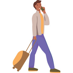 Smiling man with dark hair wearing a light gray jacket yellow t-shirt and purple pants talking on his phone while pulling a brown suitcase on wheels across a white background