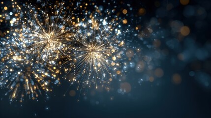 Obraz premium Elegant Gold and White Sparkling Light Bursts on Dark Blue Background for Celebrations and Festive Events