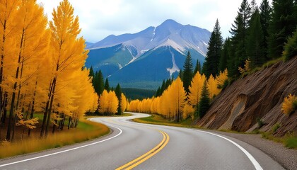 Winding road lined with golden trees leading to distant mountains against a cloudy sky backdrop