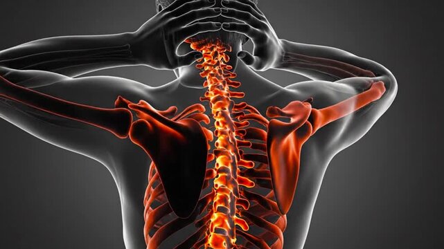 Back view of person with hands on neck showing spine and shoulder blades in orange and gray tones