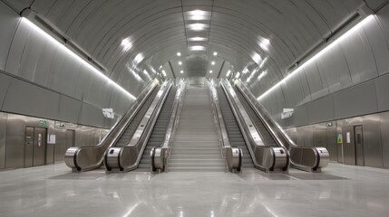 Modern Subway Station Interior with Escalators and Bright Lighting, Featuring Clean Architecture and Streamlined Design