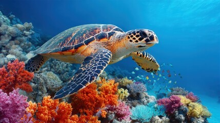 Sea Turtle Swimming Gracefully Above Vibrant Coral Reef, Underwater Marine Wildlife Photography