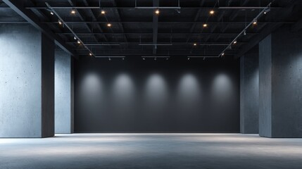 Fototapeta premium Minimalist Gallery Space with Concrete Walls and Dark Backdrop, Ideal for Art Exhibits and Presentations