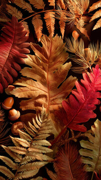 Flat lay of dried fall leaves and natural elements creating a cozy seasonal mood