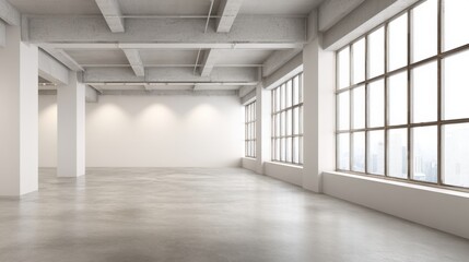 Fototapeta premium Bright Empty Loft Interior with Concrete Floor, Exposed Ceiling, and Large Windows in Modern Architectural Design