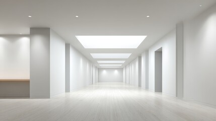 Fototapeta premium Bright, Modern Interior Hallway with Clean Lines and Minimalist Design, Ideal for Office Building or Gallery