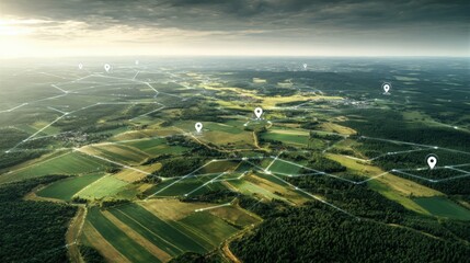 Obraz premium Aerial View of Green Landscape with Location Pins, Illustrating Connectivity and Future Development
