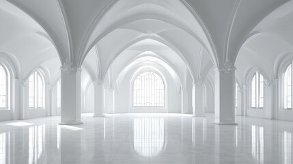 Fototapeta premium Elegant White Architectural Interior with Vaulted Arches and Reflected Light, Ideal for Backgrounds and Creative Projects