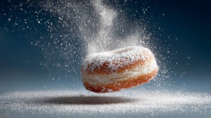 Donut in mid air with sugar dust
