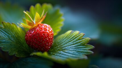 Fresh strawberry on green leaves