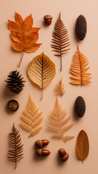 Fallen leaves and forest elements arranged aesthetically on soft beige surface, autumn still life