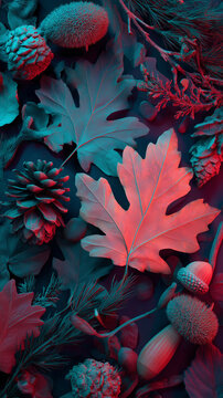 Contemporary fall composition with pine cones and leaves illuminated by colorful lighting, autumn background