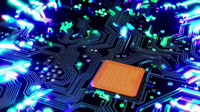 Exploring the intricate design of a computer circuit board with glowing connections and a central processing unit