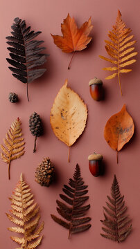 Autumn leaves composition on warm pastel background with acorns and pine cones, minimal natural flat lay