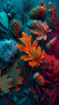 Autumn foliage and pine cones in creative neon red and blue lighting, modern seasonal flat lay. Autumn background